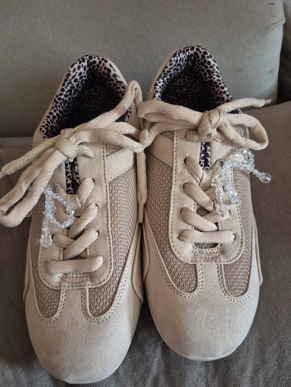 Women's Beige Lace-Up Sneakers with Crystal Accent